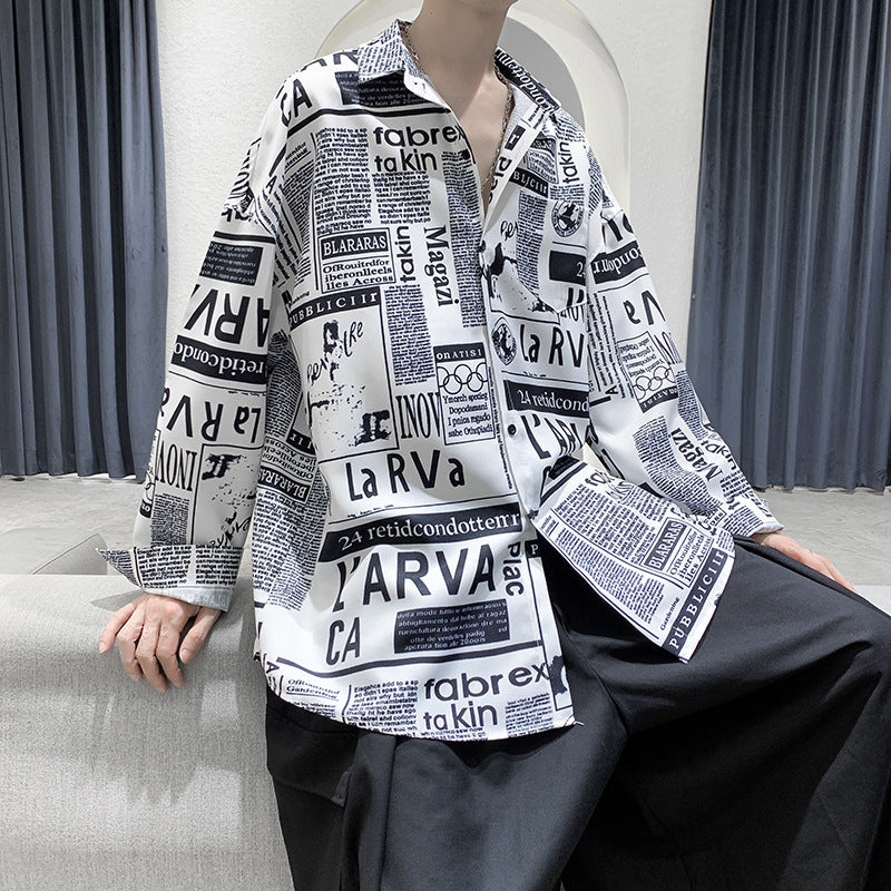 Men's Newspaper Graffiti Print Long-sleeved Shirt