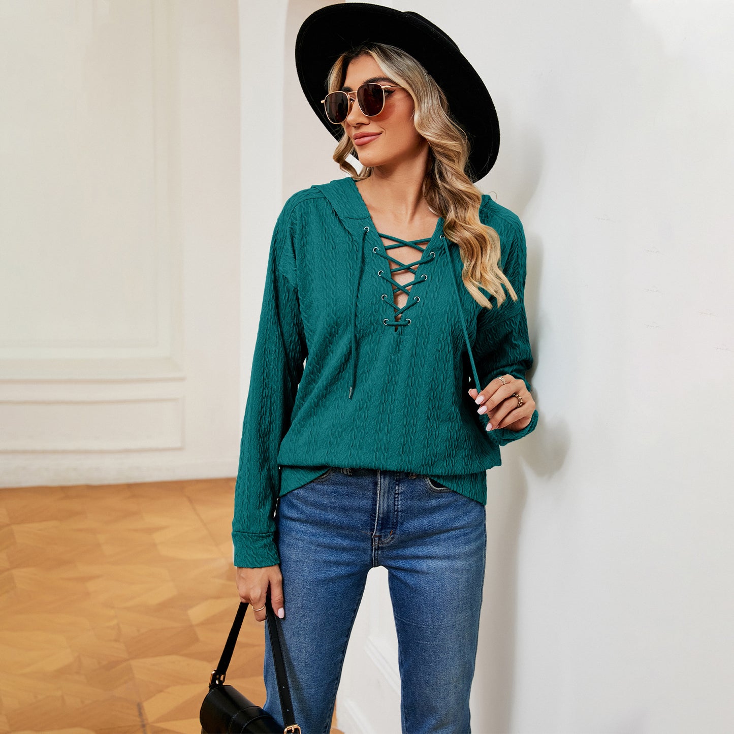 Women's Solid Color Hooded Sweater Neckline Tied Long Sleeves Top