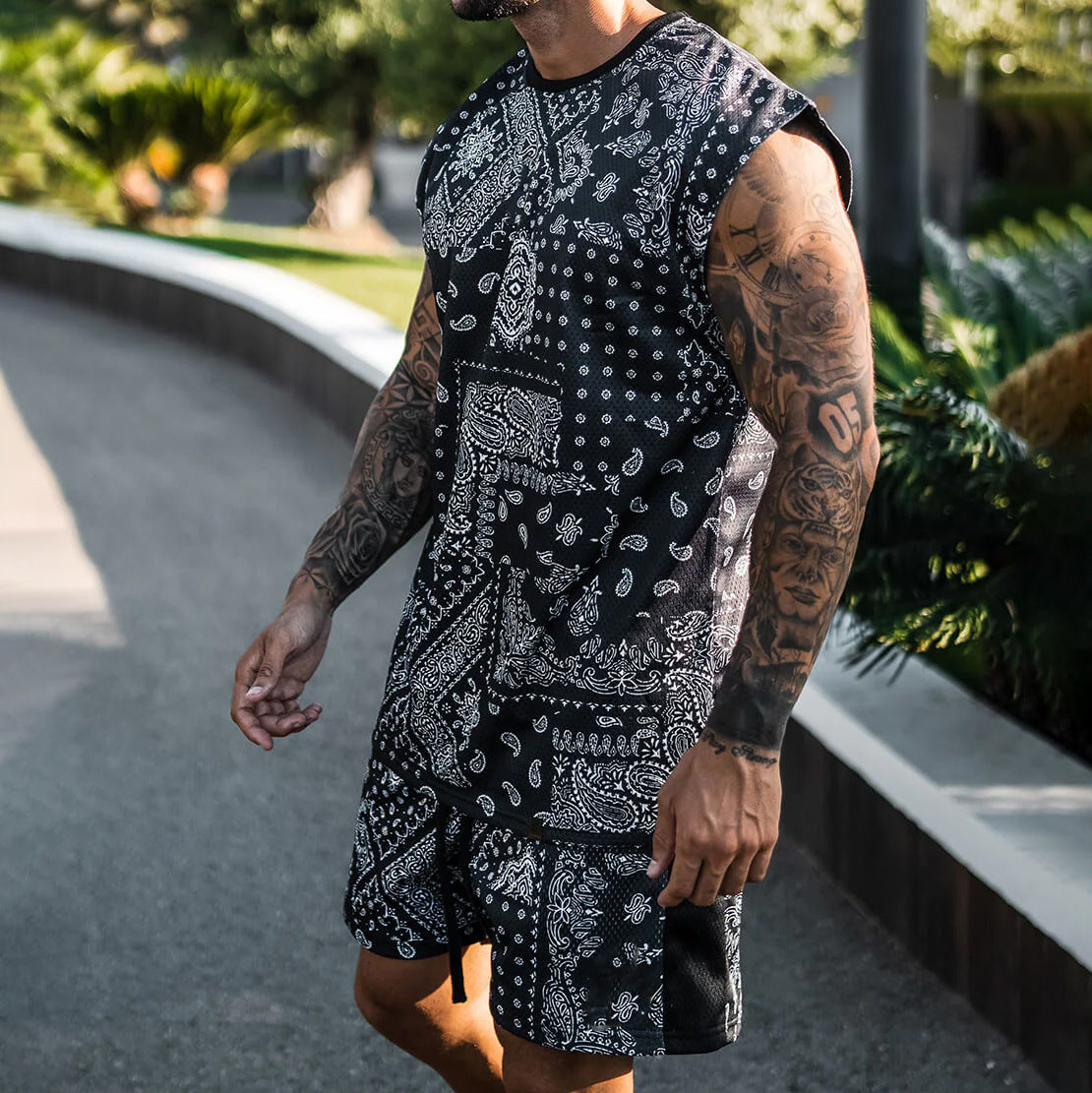 Fashion Men's Summer Top Shorts Paisley Printed Two-piece Suit