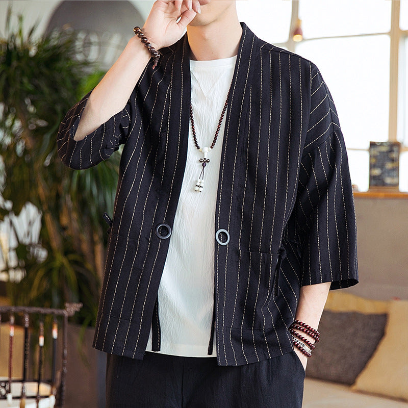 Daopao Men's Striped Cardigan Thin Coat