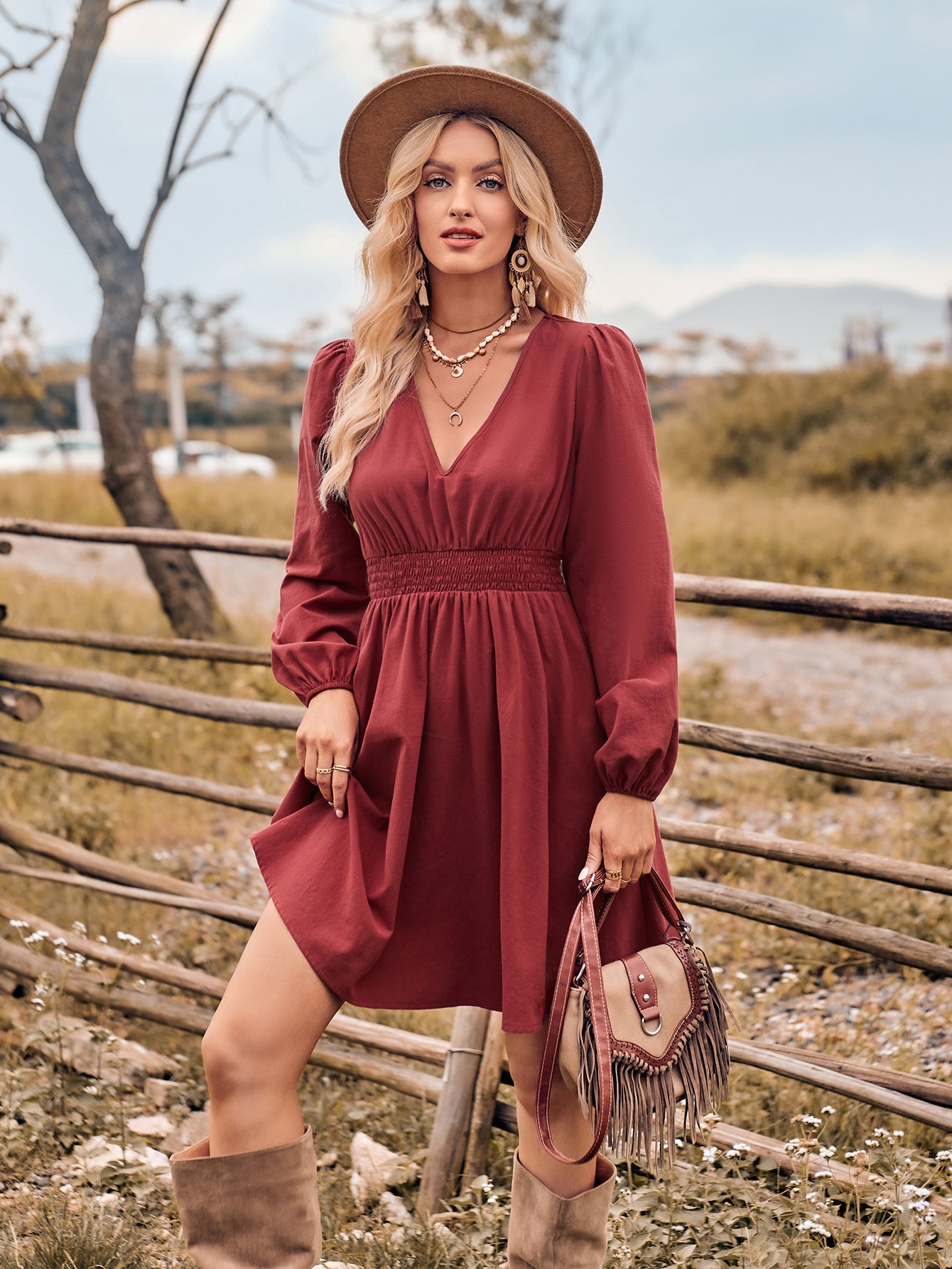 Fashion V-neck Casual Women's Solid Color Waist Tight Long Sleeve Slim Dress