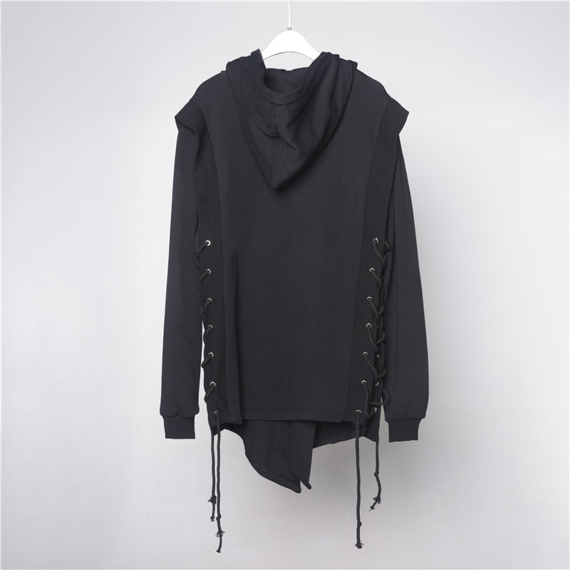 Dark Black Zipper Hooded Cross Strap Casual Coat