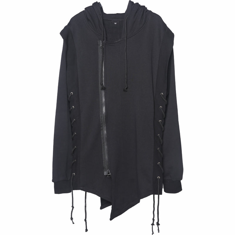 Dark Black Zipper Hooded Cross Strap Casual Coat