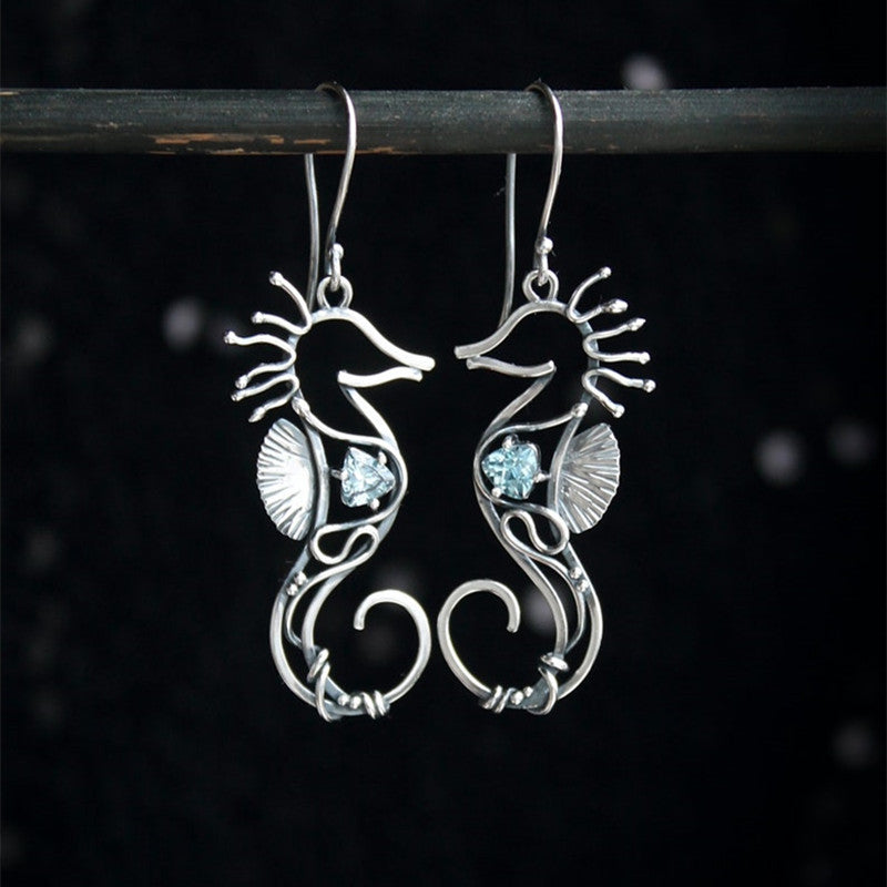 Women's Fashion Vintage Ocean Blue Gemstone Hollow Seahorse Earrings