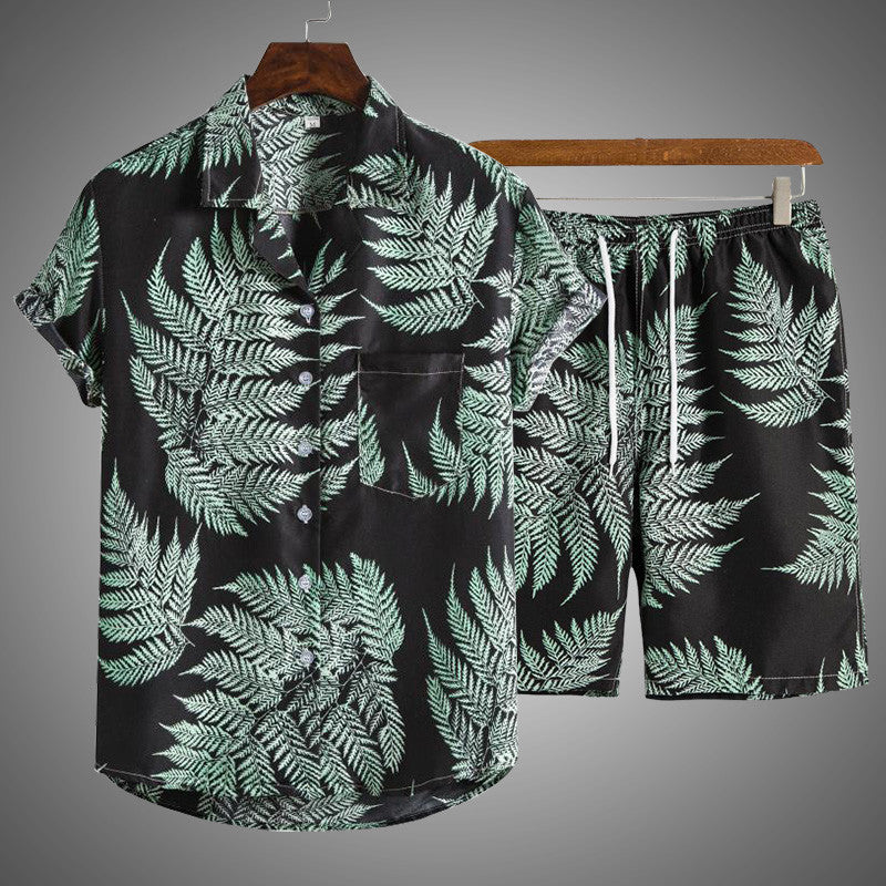 Hawaiian Series Beach Style Short-sleeved Shirt Beach Pants Suit Two-piece Set
