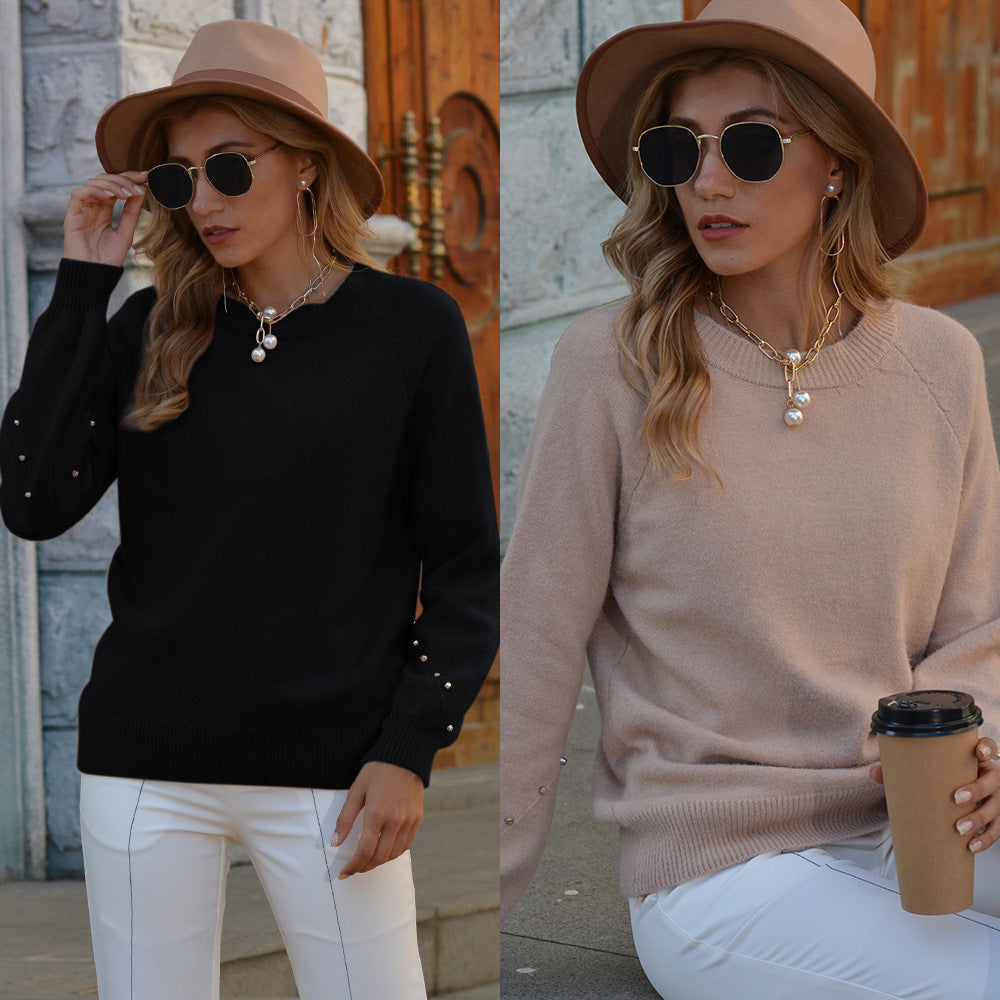 Round Neck Cuff Decorative Rivets Knitted Sweater