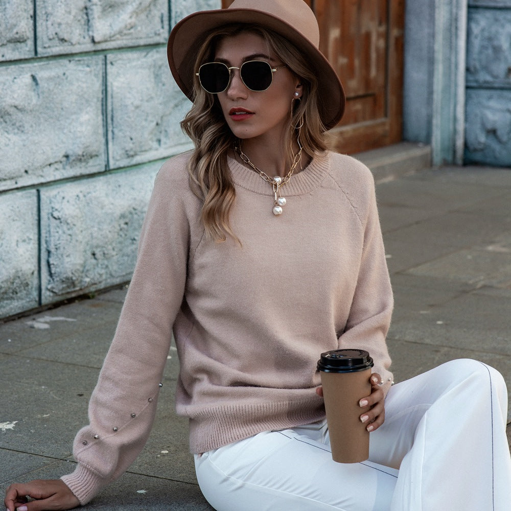 Round Neck Cuff Decorative Rivets Knitted Sweater
