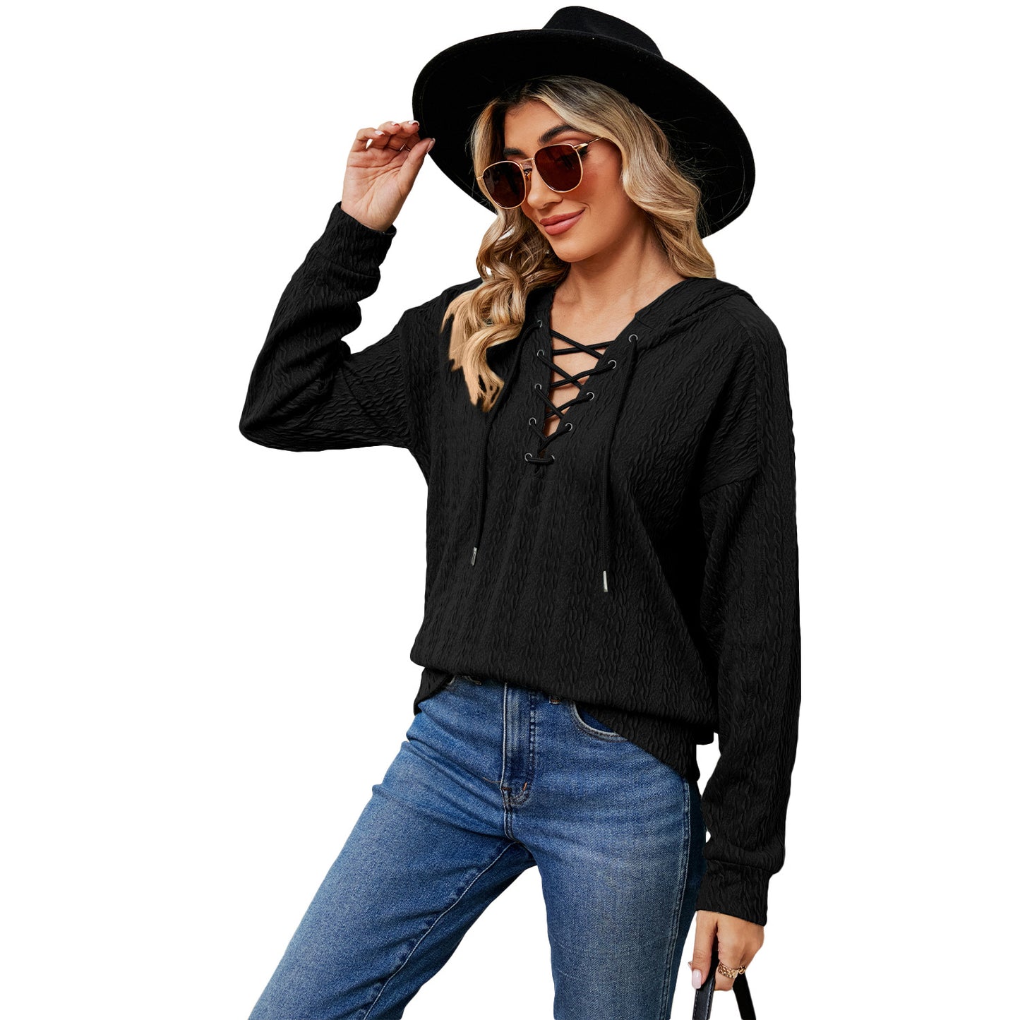 Women's Solid Color Hooded Sweater Neckline Tied Long Sleeves Top