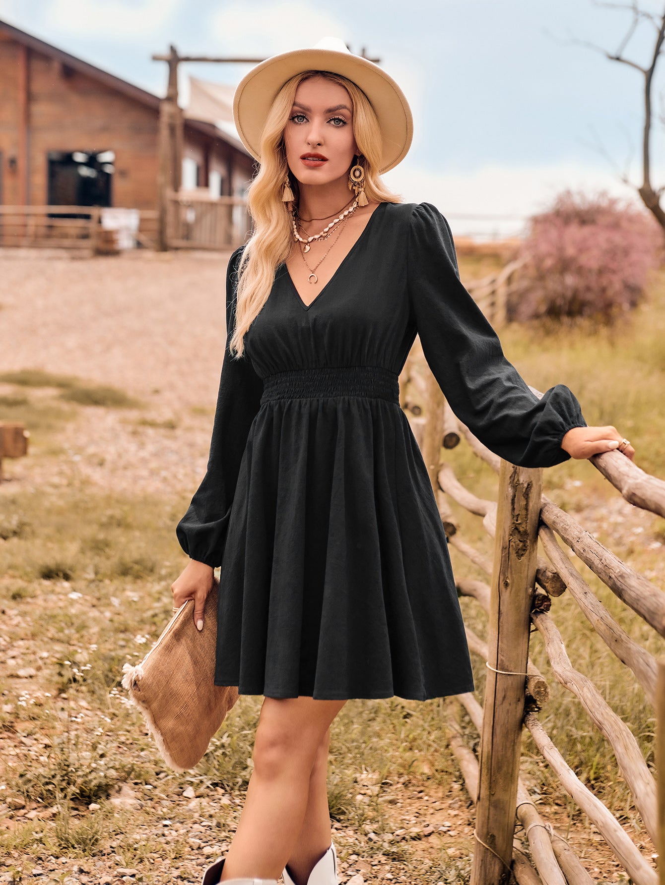 Fashion V-neck Casual Women's Solid Color Waist Tight Long Sleeve Slim Dress