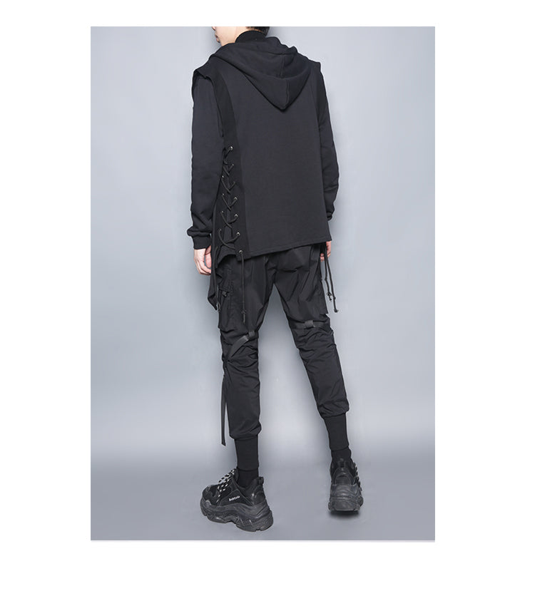 Dark Black Zipper Hooded Cross Strap Casual Coat
