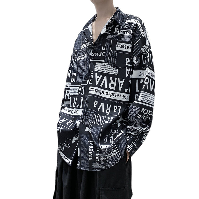 Men's Newspaper Graffiti Print Long-sleeved Shirt