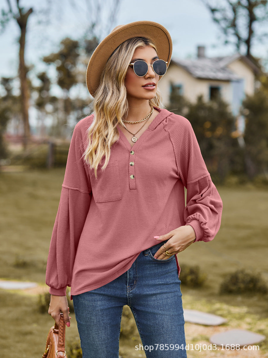 Women's Hooded Solid Color Pullover Long Sleeve T-shirt