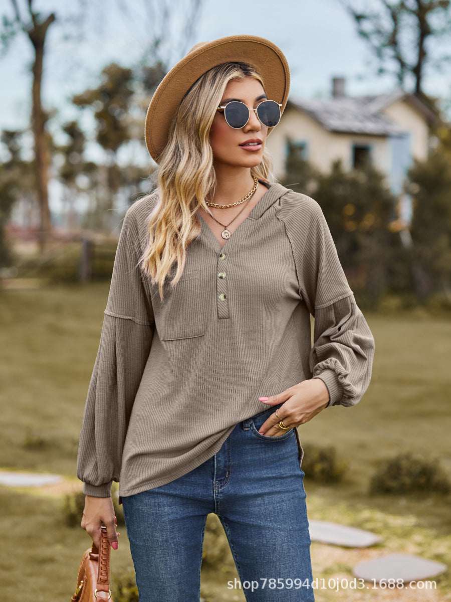 Women's Hooded Solid Color Pullover Long Sleeve T-shirt