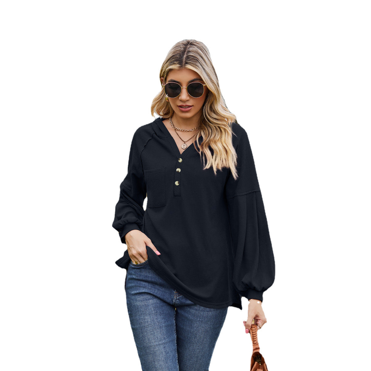 Women's Hooded Solid Color Pullover Long Sleeve T-shirt