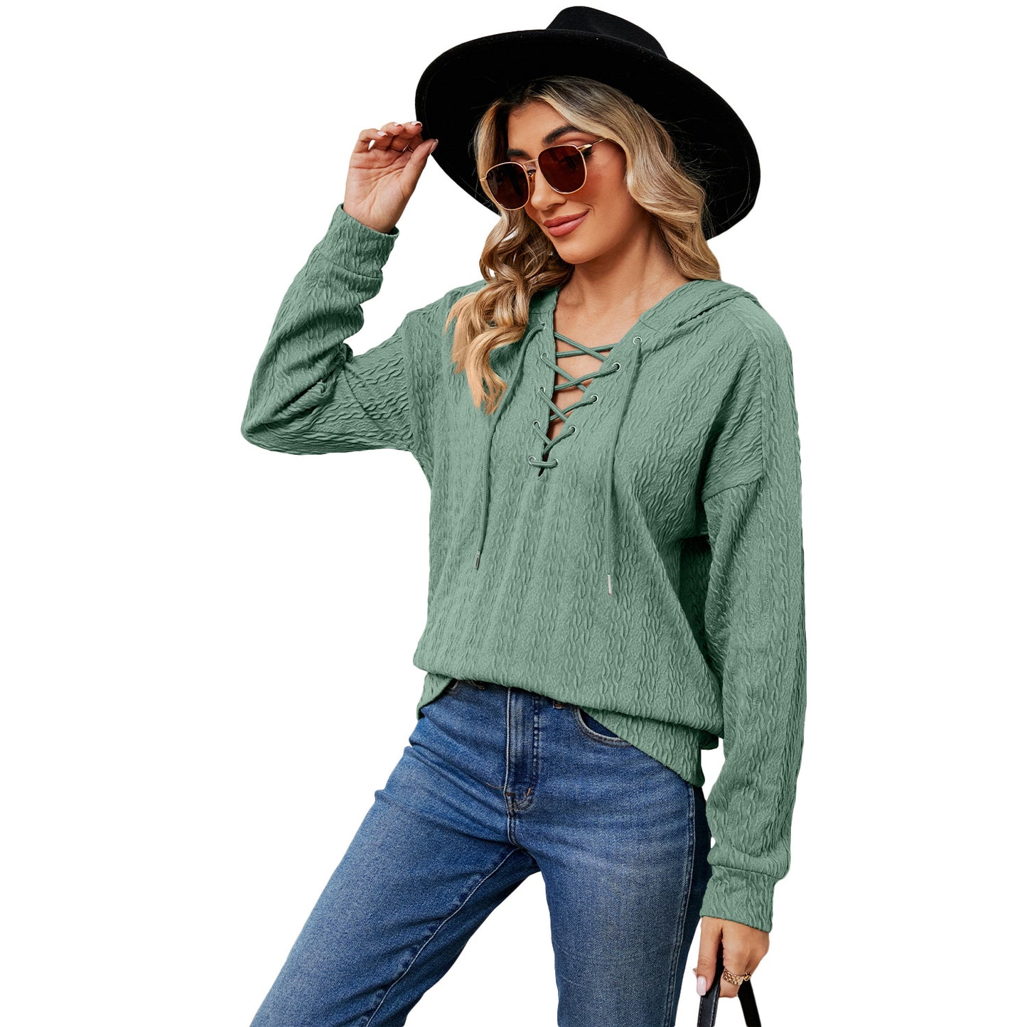 Women's Solid Color Hooded Sweater Neckline Tied Long Sleeves Top