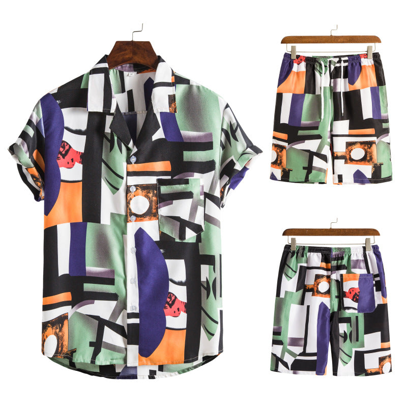 Hawaiian Series Beach Style Short-sleeved Shirt Beach Pants Suit Two-piece Set