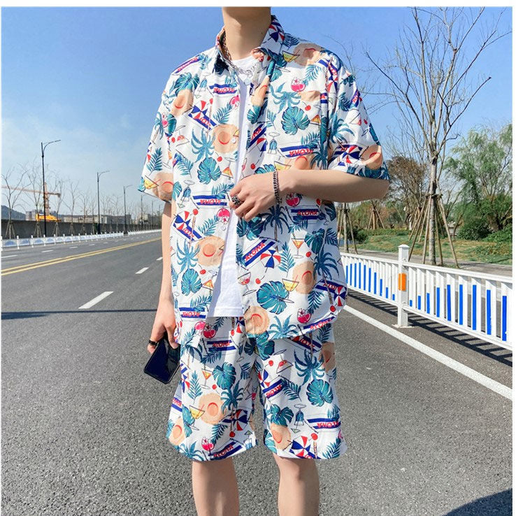 Fashion Ice Silk Short Sleeve Flower Shirt Suit For Men