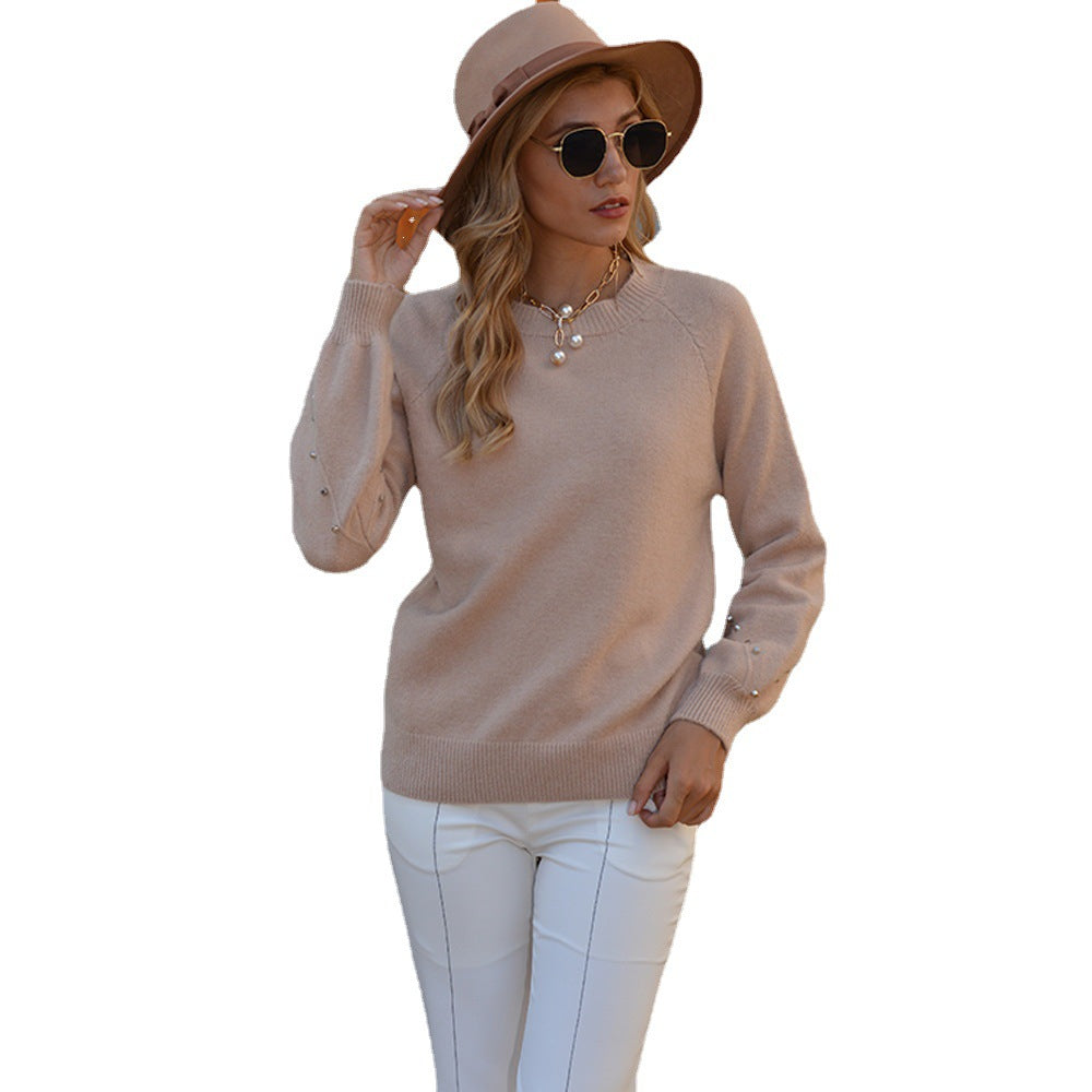 Round Neck Cuff Decorative Rivets Knitted Sweater