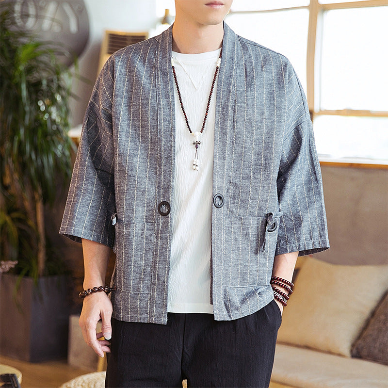 Daopao Men's Striped Cardigan Thin Coat