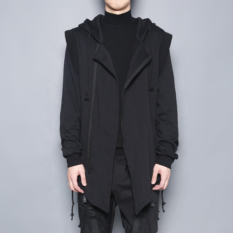 Dark Black Zipper Hooded Cross Strap Casual Coat