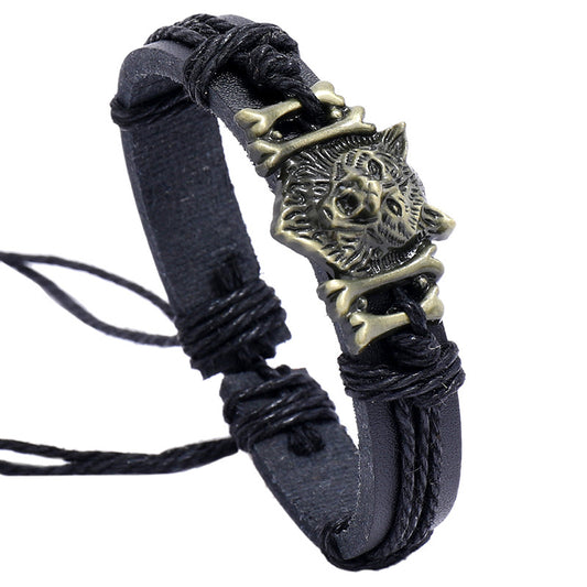 Vintage Weave Leather Bracelet Bronze Alloy Wolf Head Cattle Leather Bracelet