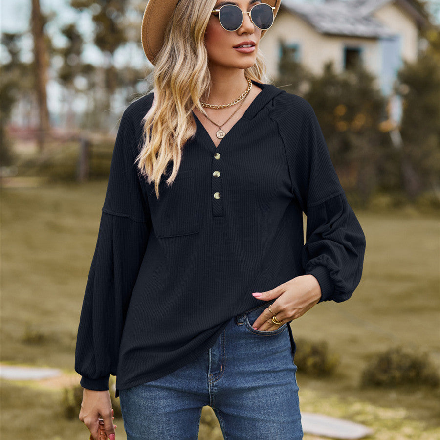 Women's Hooded Solid Color Pullover Long Sleeve T-shirt