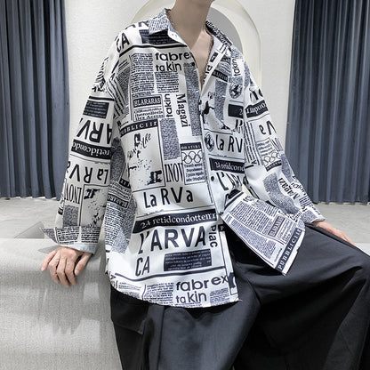 Men's Newspaper Graffiti Print Long-sleeved Shirt