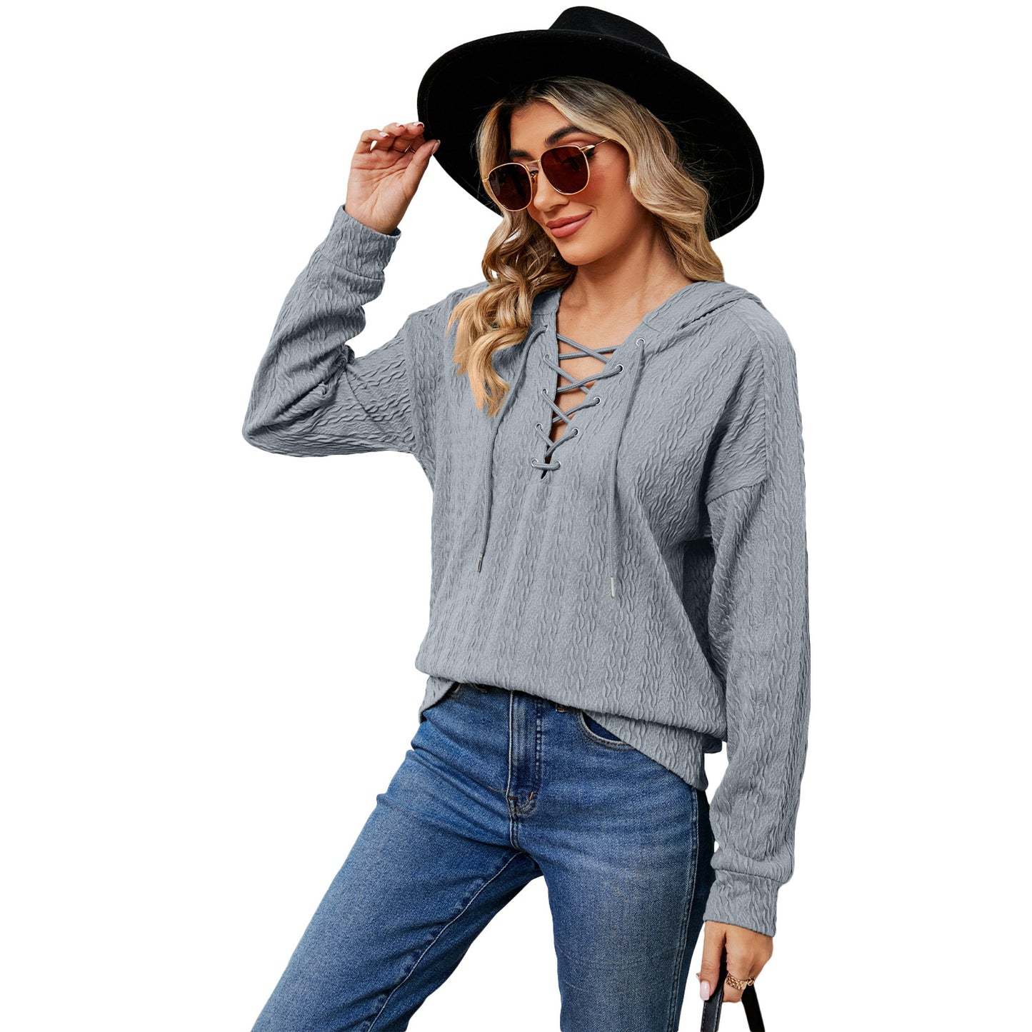 Women's Solid Color Hooded Sweater Neckline Tied Long Sleeves Top