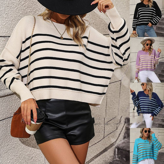 European And American Round Neck Women's Sweater Loose Pullover Stripe Sweater