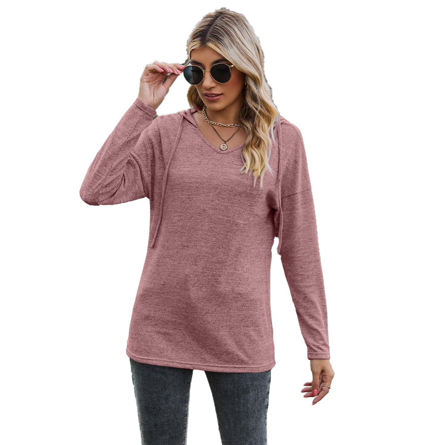 Camiseta informal de manga larga con capucha y cuello en V de color liso