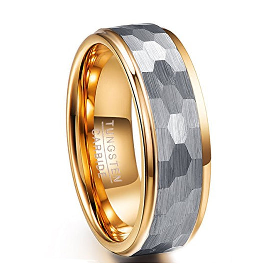 8MM Wide Silver Gray Frosted Hexagonal Gold-plated Inner Ring Tungsten Ring