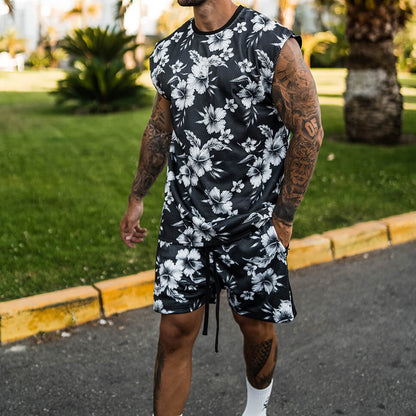 Fashion Men's Summer Top Shorts Paisley Printed Two-piece Suit