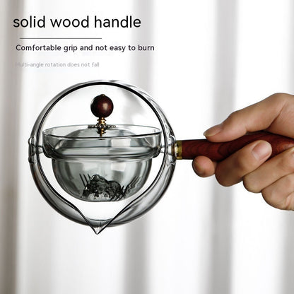 Semi-automatic Rotary Heat-resistant Glass Teapot Lazy Tea Making With Infuser And Wooden Handle