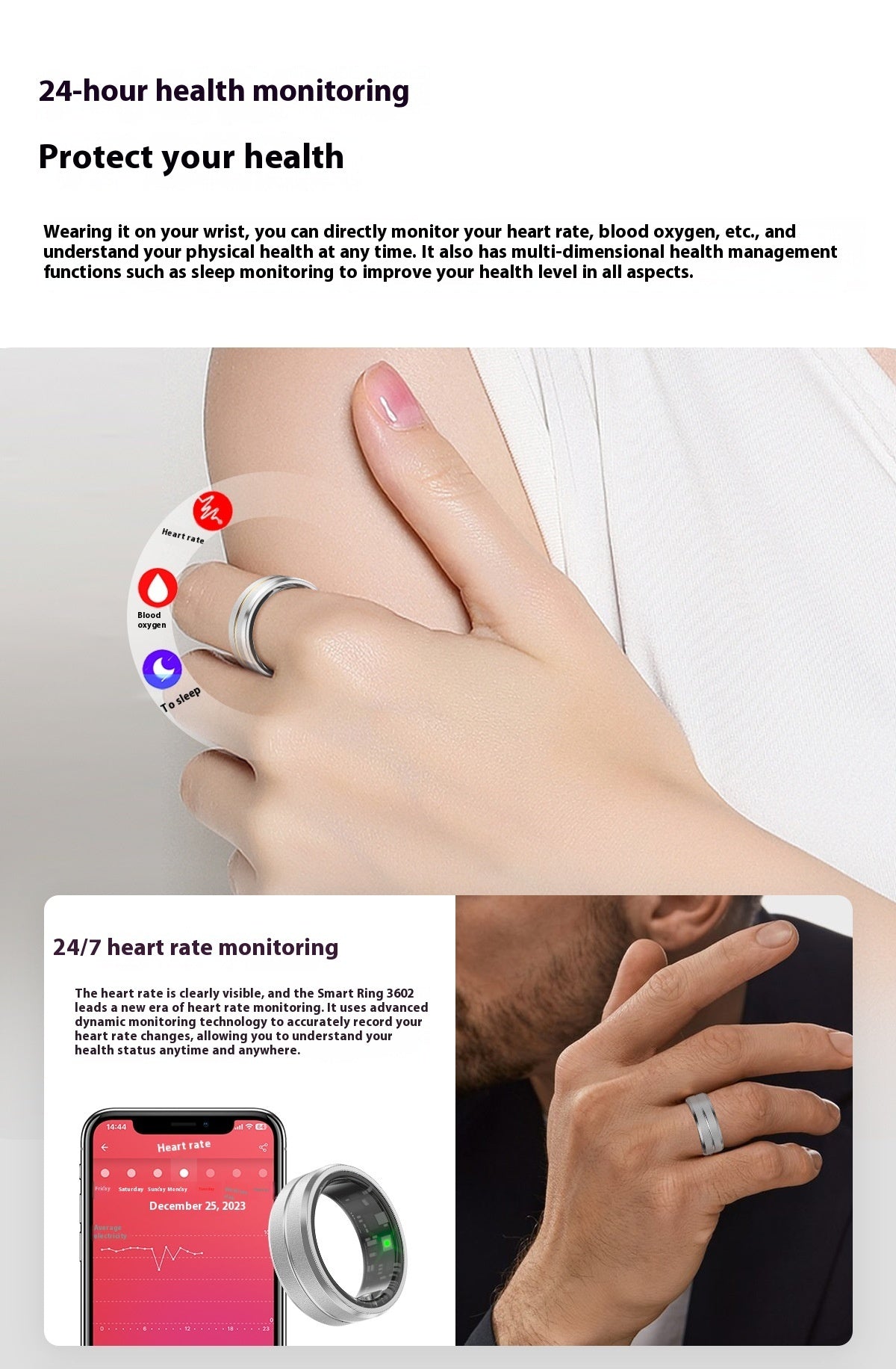 Smart Ring Heart Rate Monitoring Blood Oxygen Multi-sport Modes Waterproof