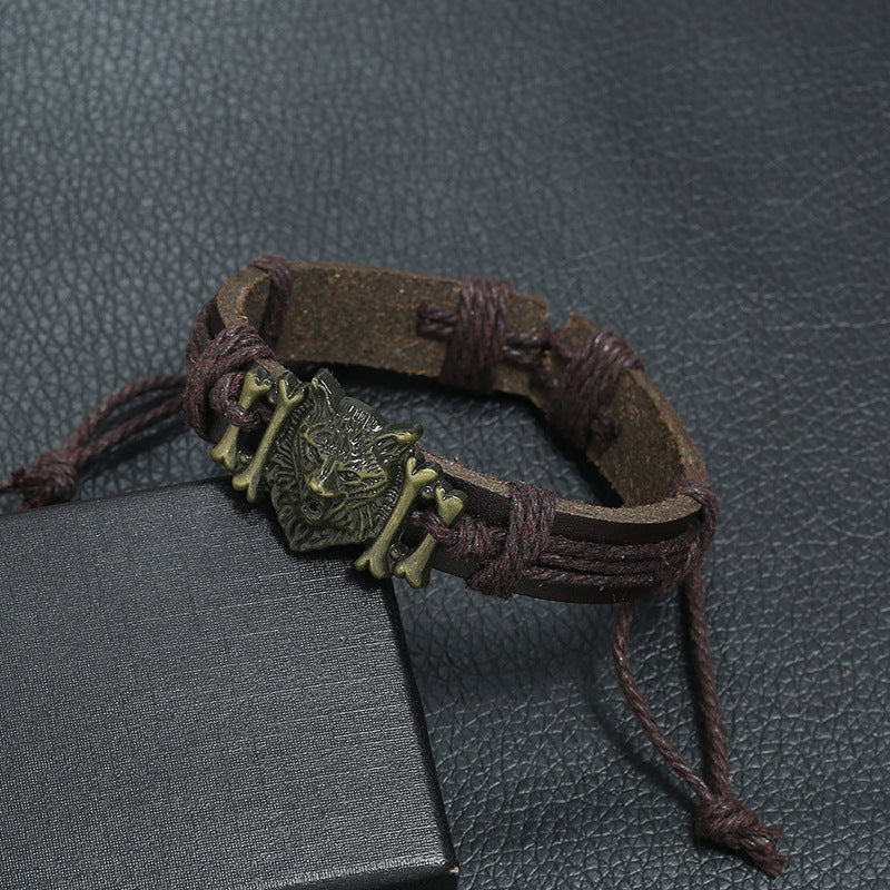 Vintage Weave Leather Bracelet Bronze Alloy Wolf Head Cattle Leather Bracelet