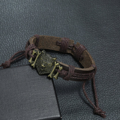 Vintage Weave Leather Bracelet Bronze Alloy Wolf Head Cattle Leather Bracelet