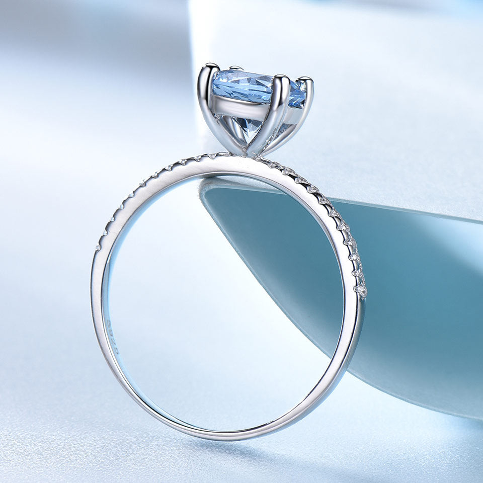 S925 Sterling Silver Sky Blue Topaz Rhinestone Zircon Light Luxury Square Ring