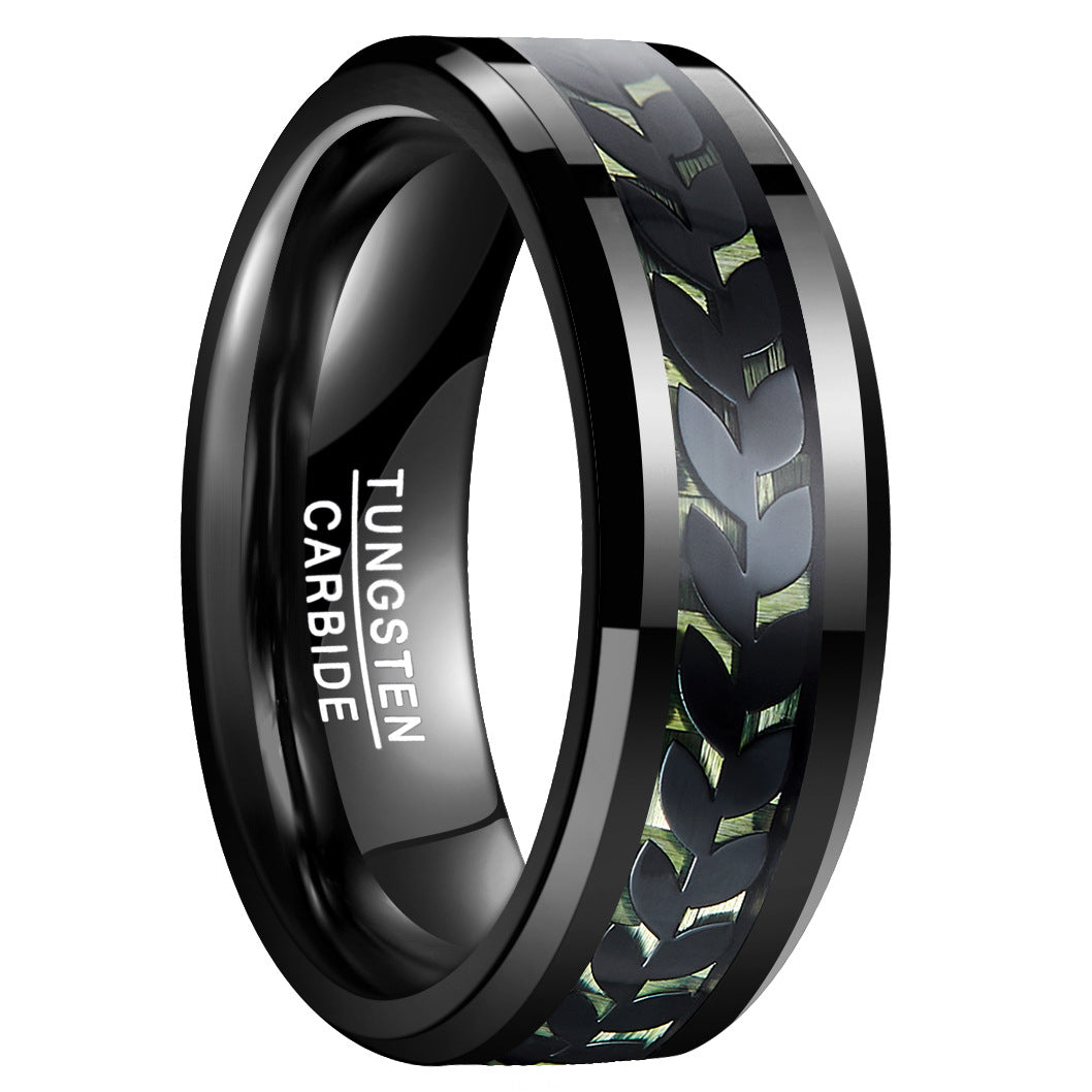 8mm Wide Inlaid Leaves Pattern Green Carbon Fiber Men's Tungsten Ring