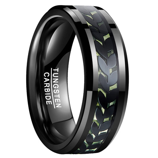 8mm Wide Inlaid Leaves Pattern Green Carbon Fiber Men's Tungsten Ring