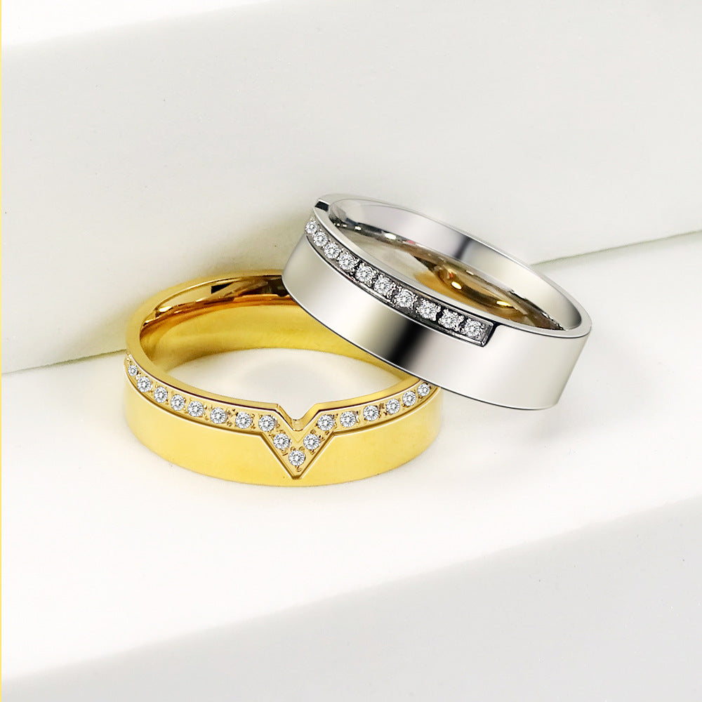 All-match Titanium Steel V Diamond-studded Ring 18K Gold Plating