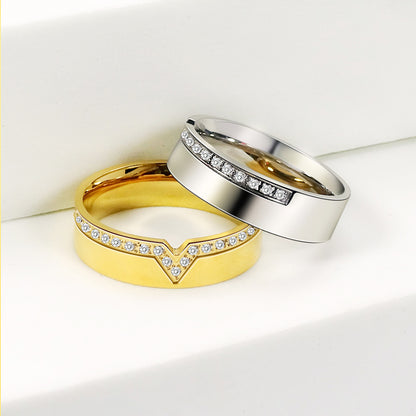 All-match Titanium Steel V Diamond-studded Ring 18K Gold Plating