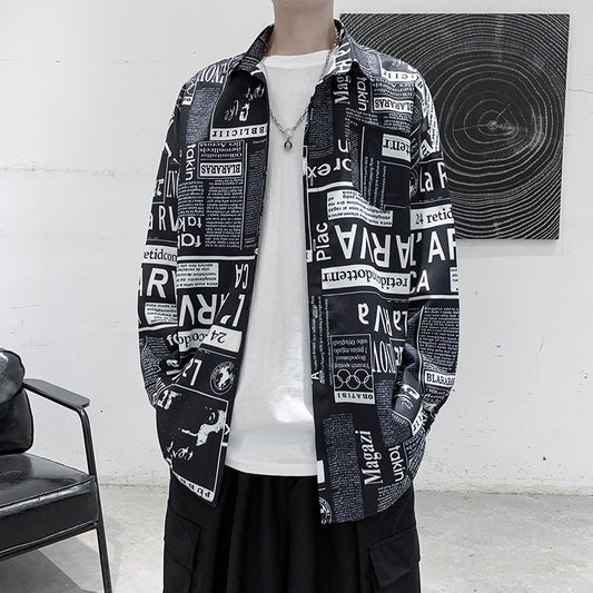 Men's Newspaper Graffiti Print Long-sleeved Shirt