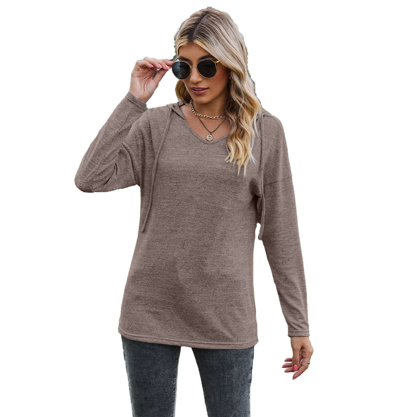 Camiseta informal de manga larga con capucha y cuello en V de color liso