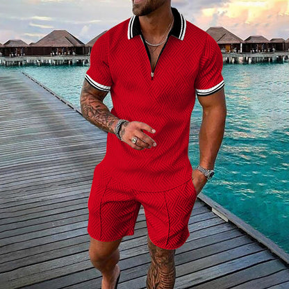 Traje de pantalón corto tipo polo con cremallera y manga corta con estampado de lunares y estampado de llamas
