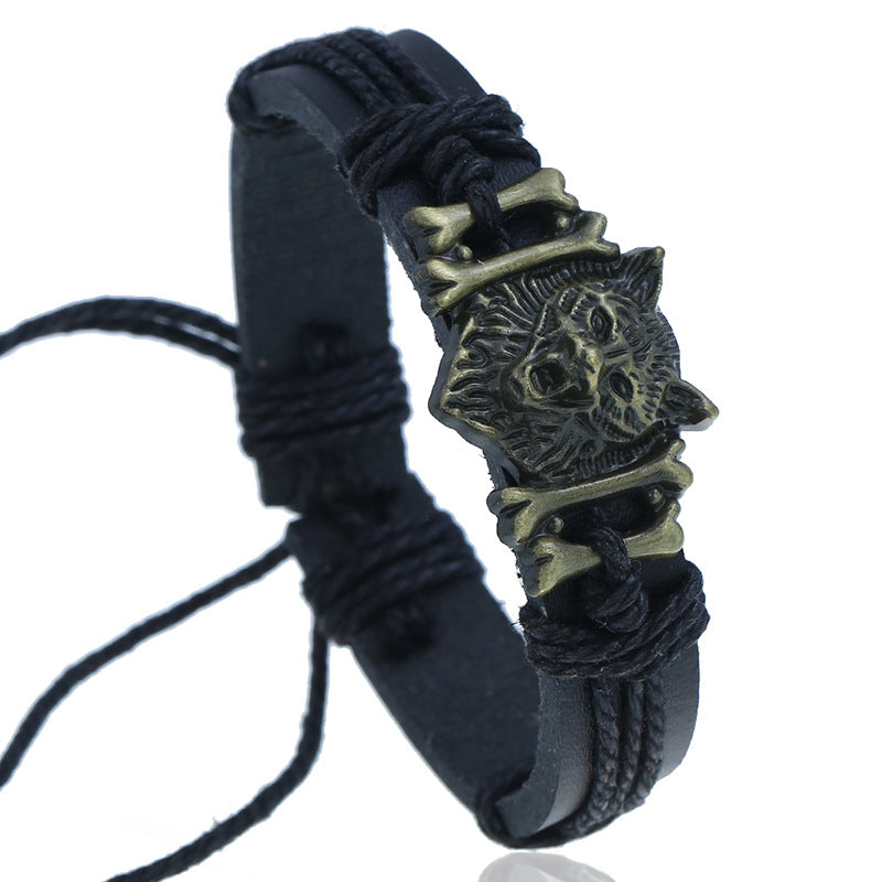 Vintage Weave Leather Bracelet Bronze Alloy Wolf Head Cattle Leather Bracelet