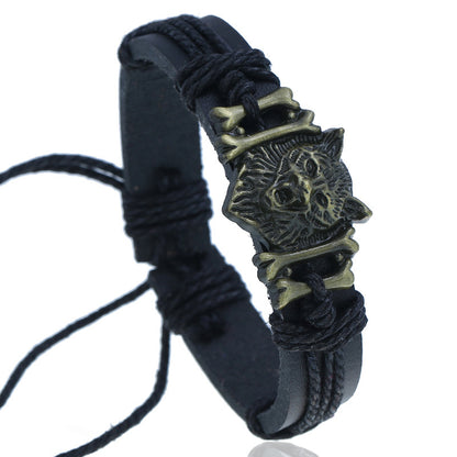 Vintage Weave Leather Bracelet Bronze Alloy Wolf Head Cattle Leather Bracelet