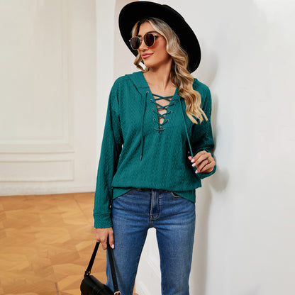 Women's Solid Color Hooded Sweater Neckline Tied Long Sleeves Top