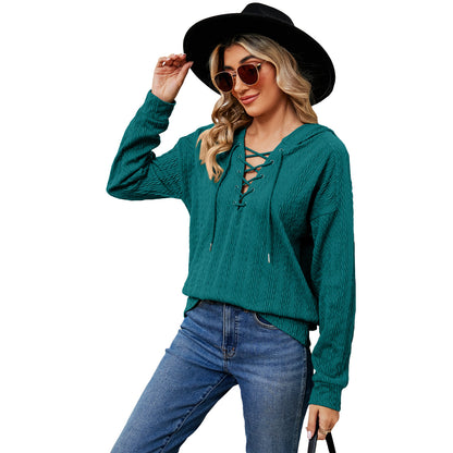 Women's Solid Color Hooded Sweater Neckline Tied Long Sleeves Top