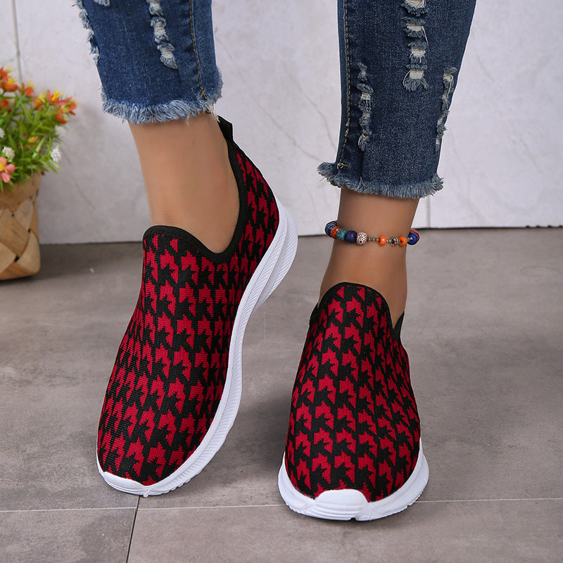 Houndstooth Print Sneakers Round Toe Mesh Flats Shoes