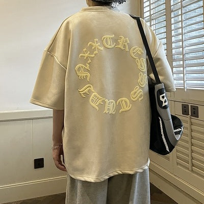 American Style Puff Print Suede Short Sleeve Retro Brown Heavy T-shirt